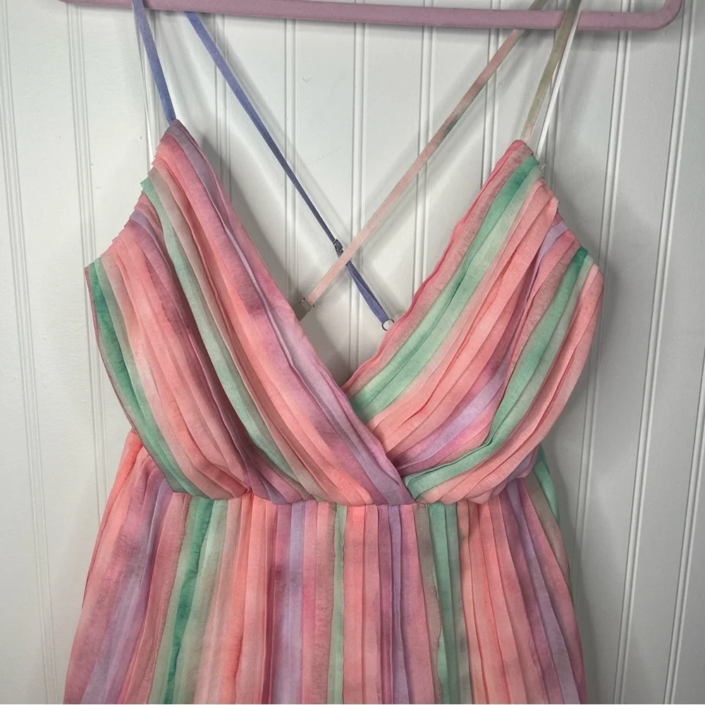 Luxxel Multicolor Striped Pastel wrap Flowy Festival Romper Chiffon Pleated - Picture 3 of 8